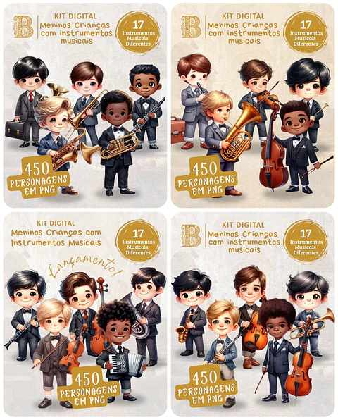 Kit Digital Meninos Instrumentos Musicais em Png