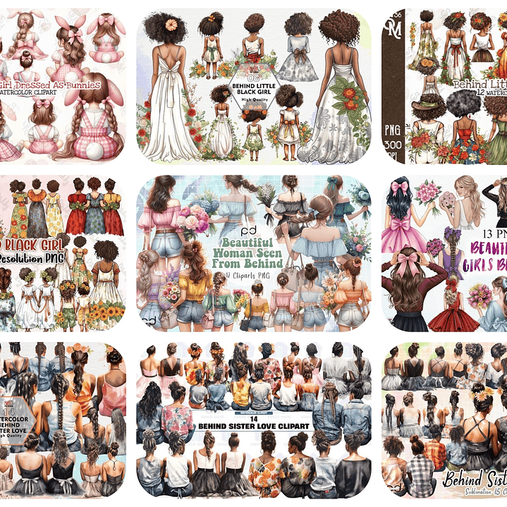 Kit Digital Mulheres e Meninas de Costas em Png 1