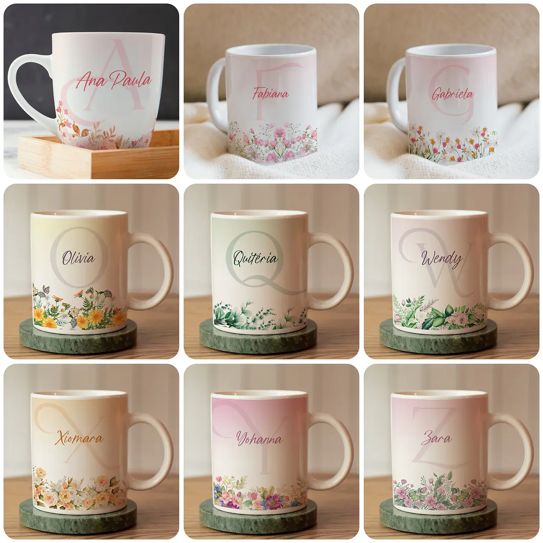 26 Artes para Caneca Alfabeto Floral Arquivo Editável  1