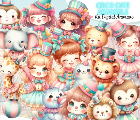 Kit Digital Circo Aquarela Menina Arquivo em Gif Animado
