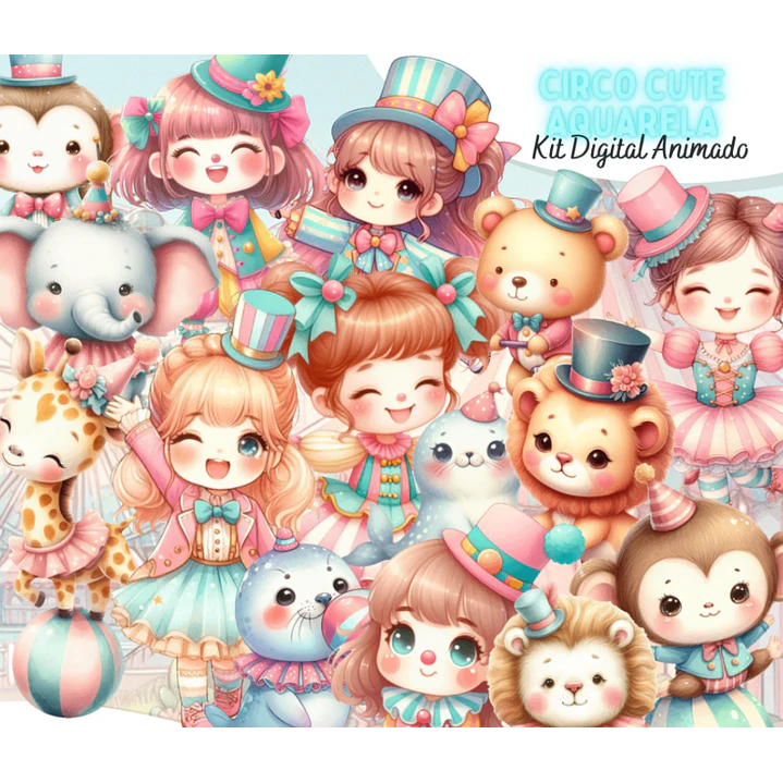 Kit Digital Circo Aquarela Menina Arquivo em Gif Animado 1