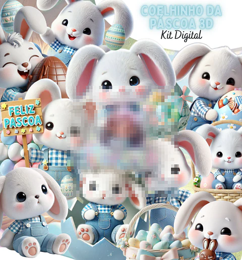 Kit Digital Coelhinha da Páscoa Azul 3d Arquivo em Png