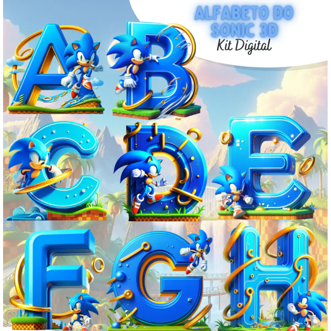 Kit Digital Alfabeto Sonic 3d Arquivo em Png 1