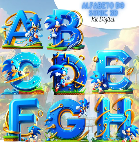 Kit Digital Alfabeto Sonic 3d Arquivo em Png