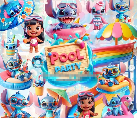 Kit Digital Pool Party Lilo e Stitch 3d em Png 