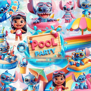 Kit Digital Pool Party Lilo e Stitch 3d em Png 