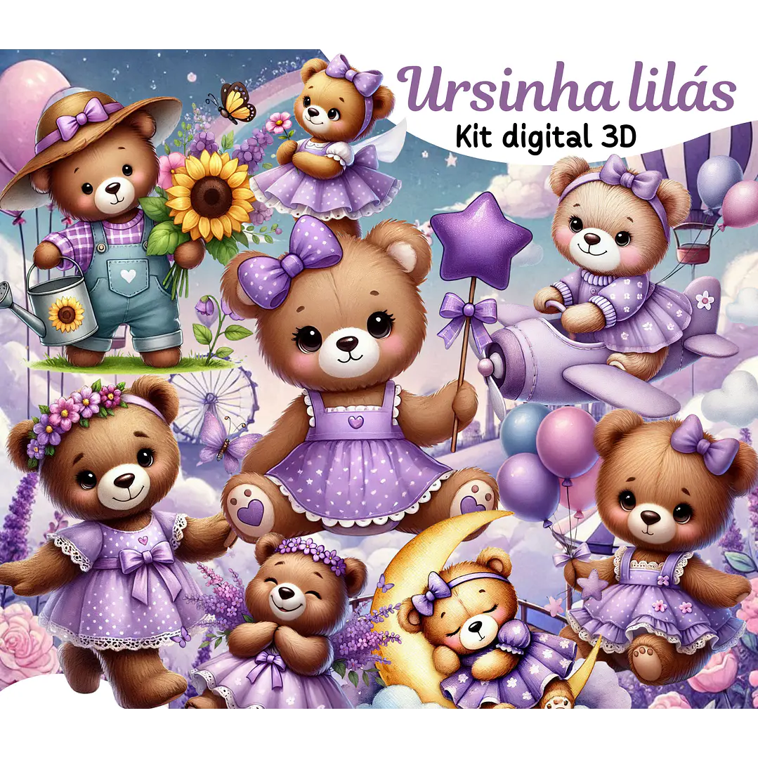 Kit Digital Ursinha Lilás em Png 1