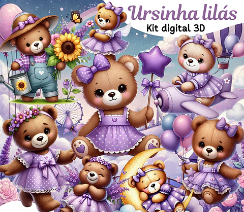 Kit Digital Ursinha Lilás em Png