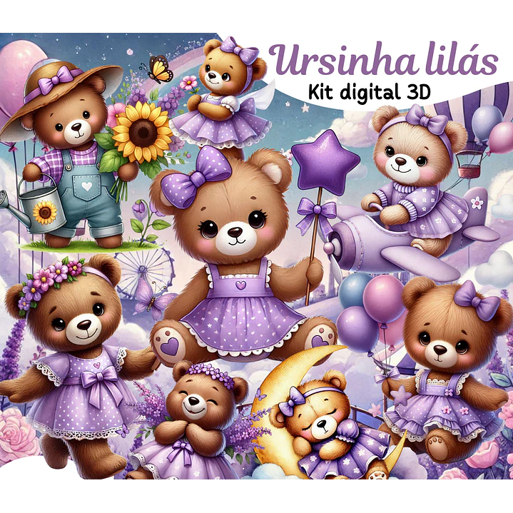 Kit Digital Ursinha Lilás em Png 1