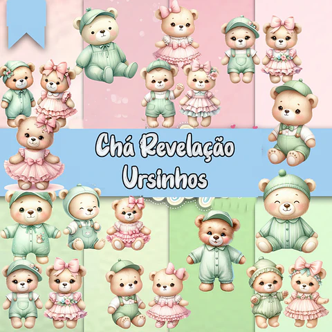 Kit Digital Chá Revelação Ursinhos Verde e Rosa Png 