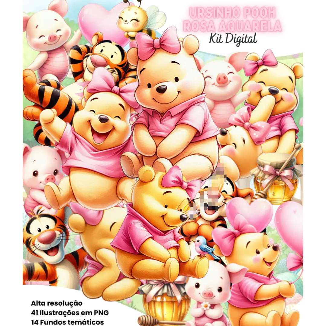 Kit Digital Ursinho Pooh Rosa Aquarela Arquivo em Png 1