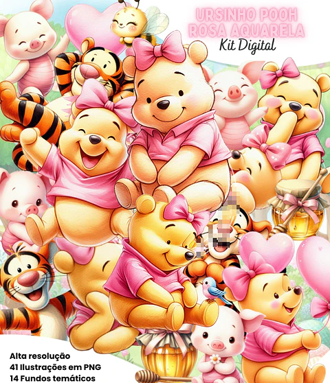 Kit Digital Ursinho Pooh Rosa Aquarela Arquivo em Png