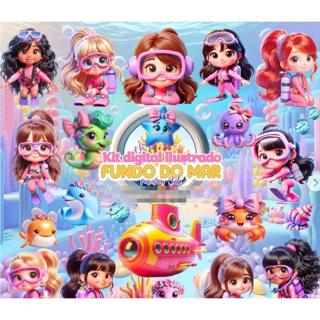 Kit Digital Fundo do Mar Rosa Arquivo em Png 1