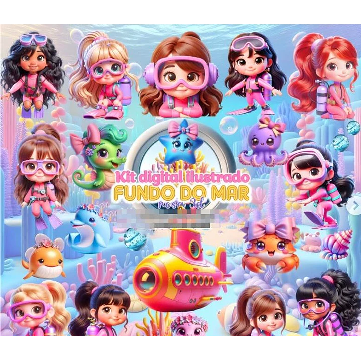 Kit Digital Fundo do Mar Rosa Arquivo em Png 1
