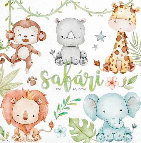 Kit Digital Safari Aquarelado Arquivo em Png 