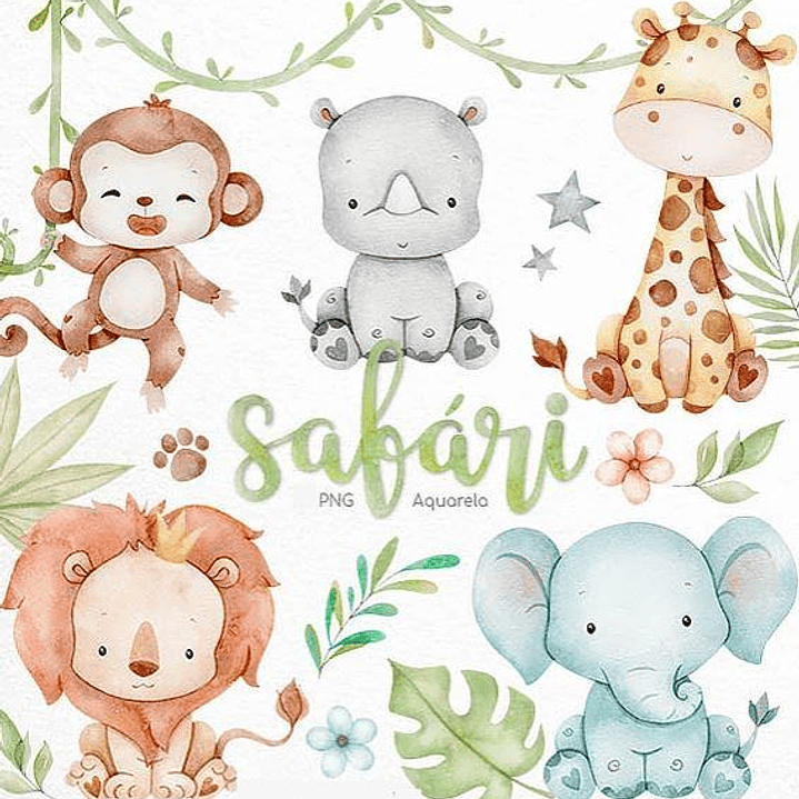 Kit Digital Safari Aquarelado Arquivo em Png  1