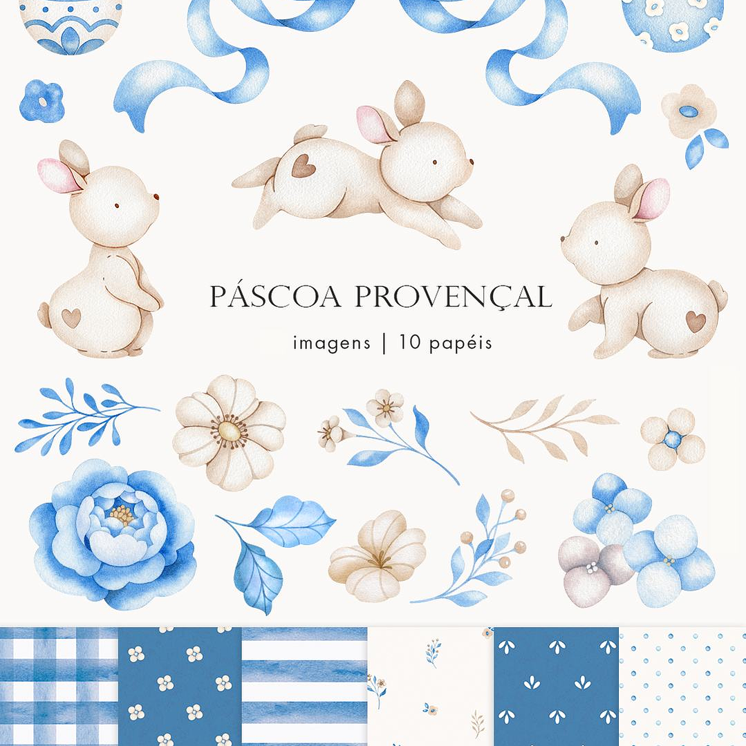 Kit Digital Páscoa Provençal Aquarelado Arquivo em Png 1
