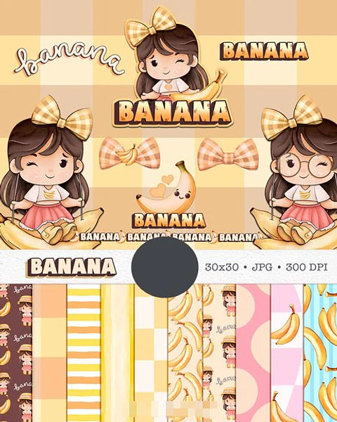 Kit Digital Boneca Cute Frutinhas Banana Aquarelado Png