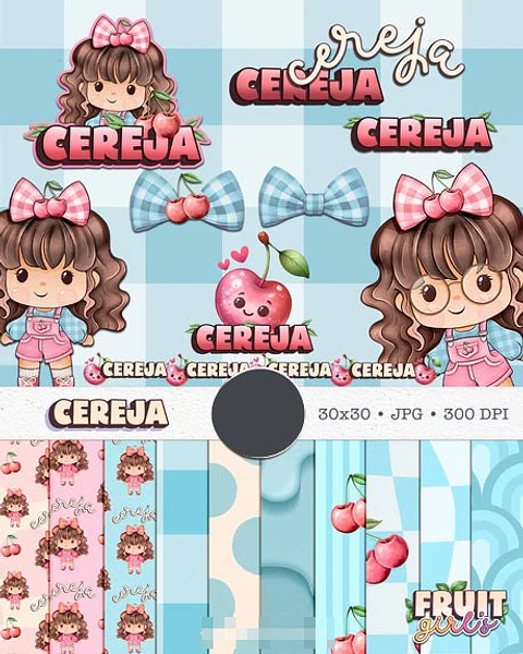 Kit Digital Boneca Cute Frutinhas Cereja Aquarelado Png 