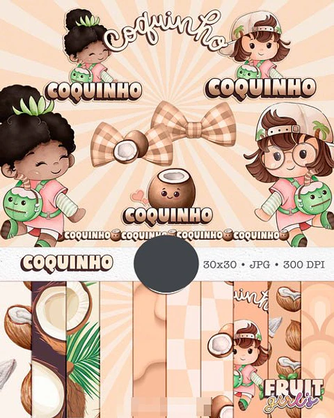 Kit Digital Boneca Cute Frutinhas Coco Aquarelado Png 