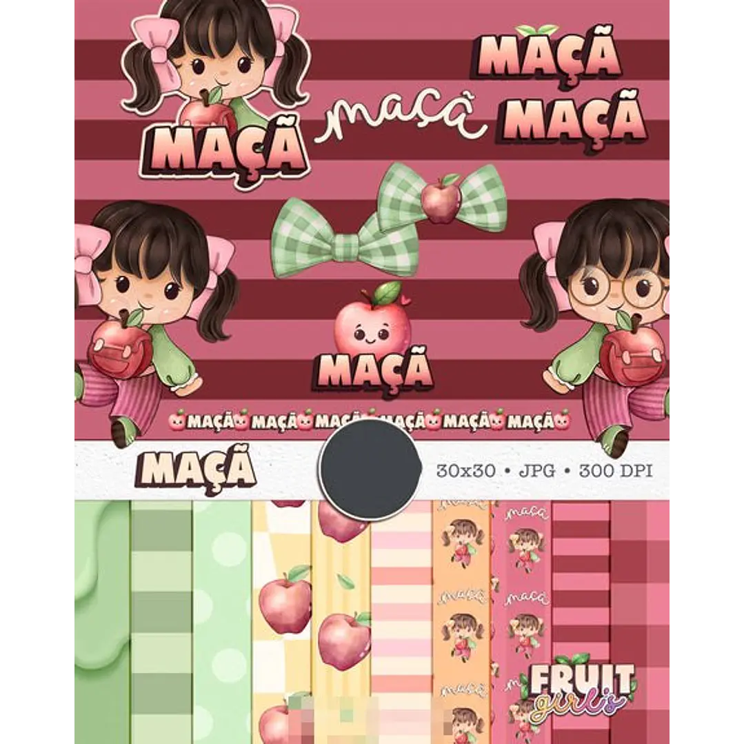 Kit Digital Boneca Cute Frutinhas Maça Aquarelado Png  1