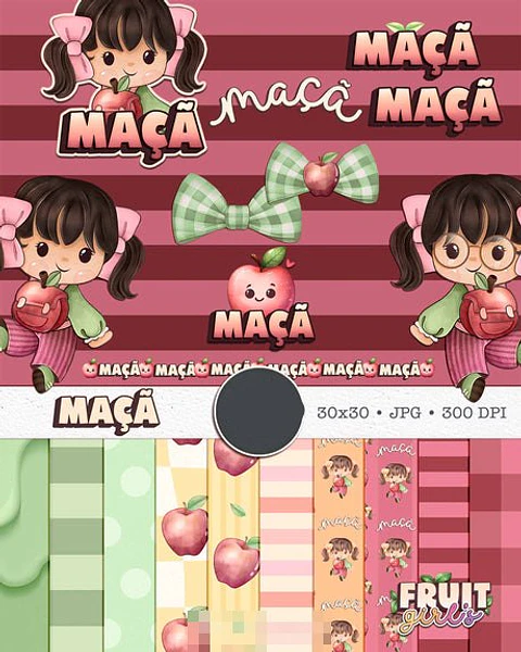 Kit Digital Boneca Cute Frutinhas Maça Aquarelado Png 