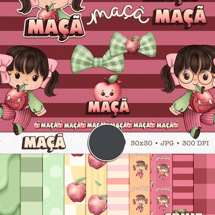 Kit Digital Boneca Cute Frutinhas Maça Aquarelado Png  1