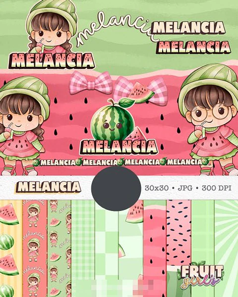 Kit Digital Boneca Cute Frutinhas Melancia Aquarelado Png 