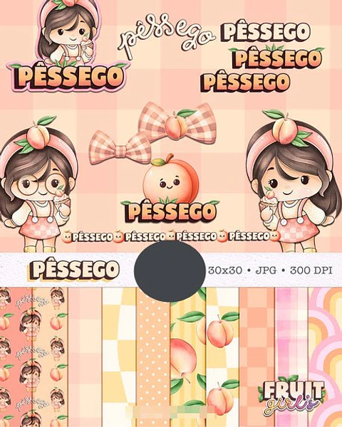 Kit Digital Boneca Cute Frutinhas Pessêgo Aquarelado Png 