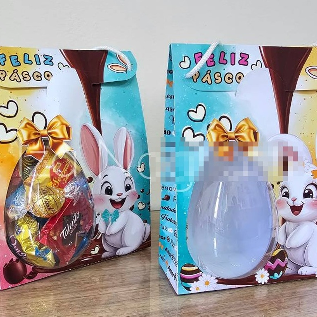 Sacolas de Páscoa Com Visor 3D Páscoa Coelhinhos Ovos Arquivo de Corte em PNG e PDF para Baixar 1