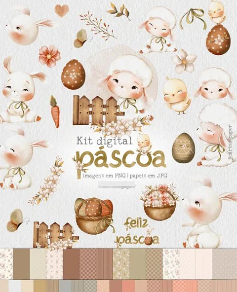 Kit Digital Páscoa Fofa Aquarelado Png