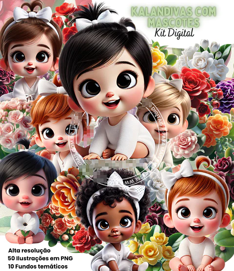 Kit Digital Flores Kalandivas com Mascotes Arquivo em Png 