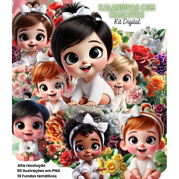 Kit Digital Flores Kalandivas com Mascotes Arquivo em Png  1