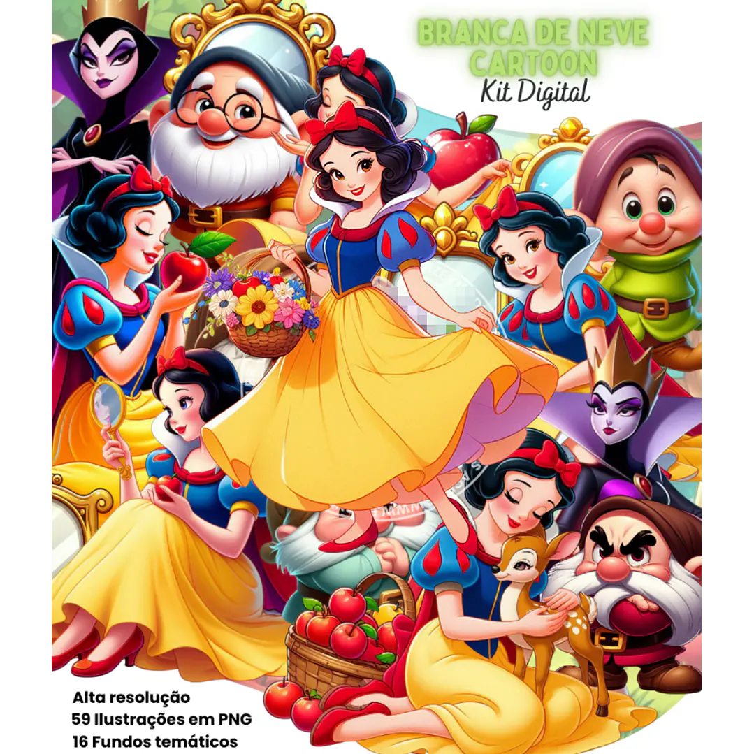 Kit Digital Branca de Neve Cartoon Arquivo em Png  1