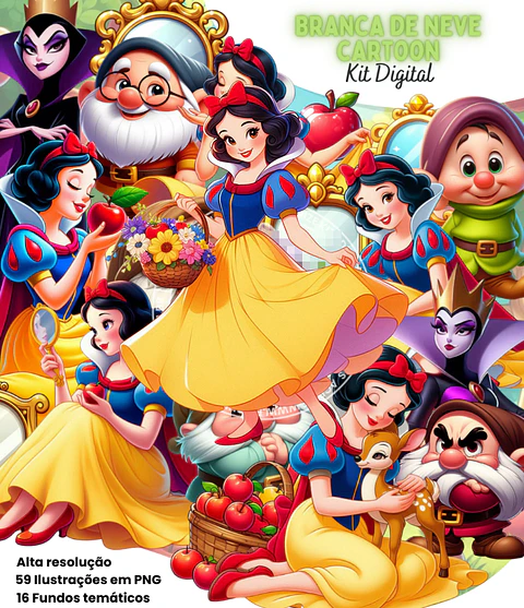 Kit Digital Branca de Neve Cartoon Arquivo em Png 