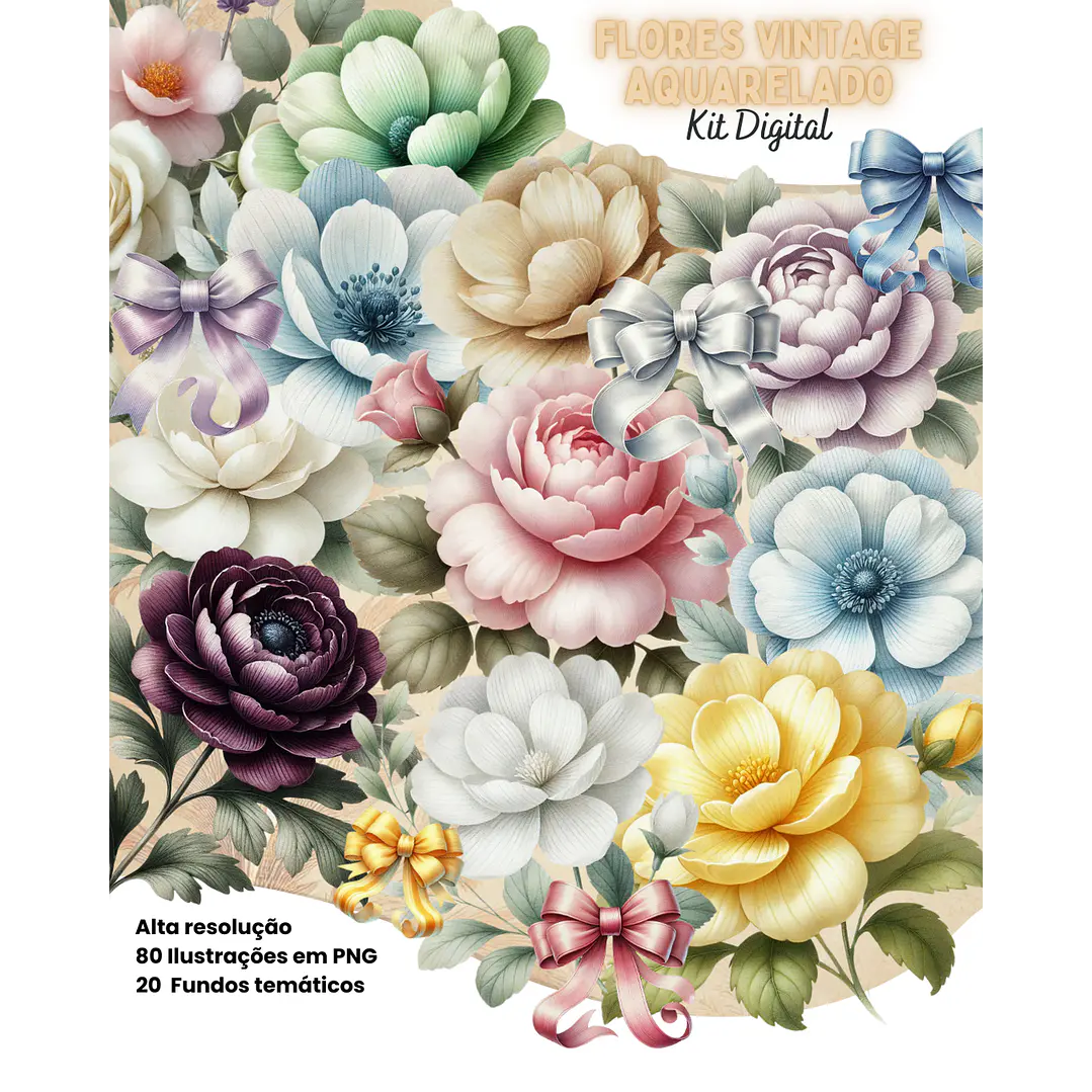 Kit Digital Flores Vintage Arquivo em Png 1