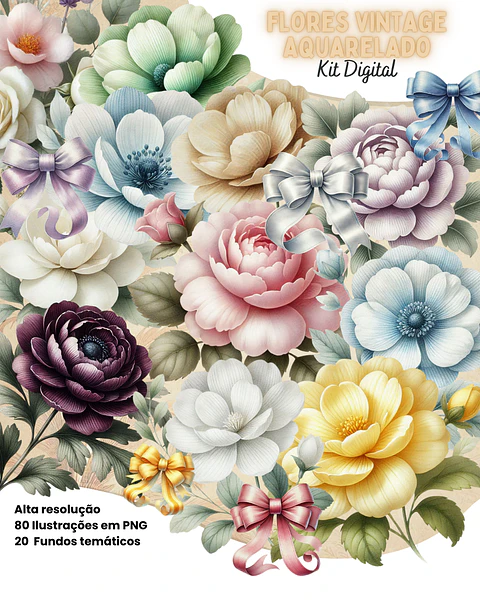 Kit Digital Flores Vintage Arquivo em Png