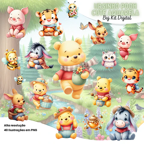 Kit Digital Ursinho Pooh Cute Arquivo em Png
