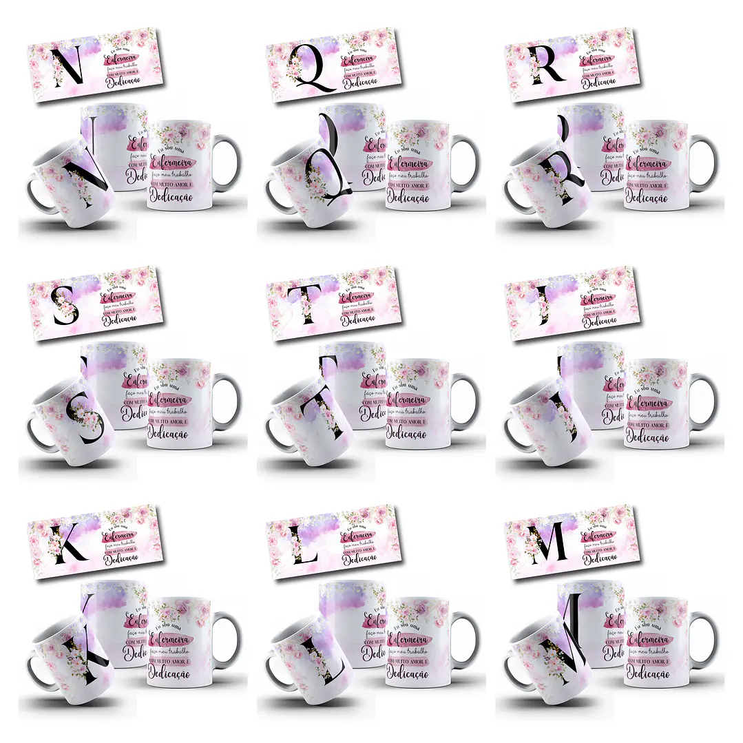 26 Artes para Caneca Alfabeto Floral Enfermeira Arquivo Editável  1