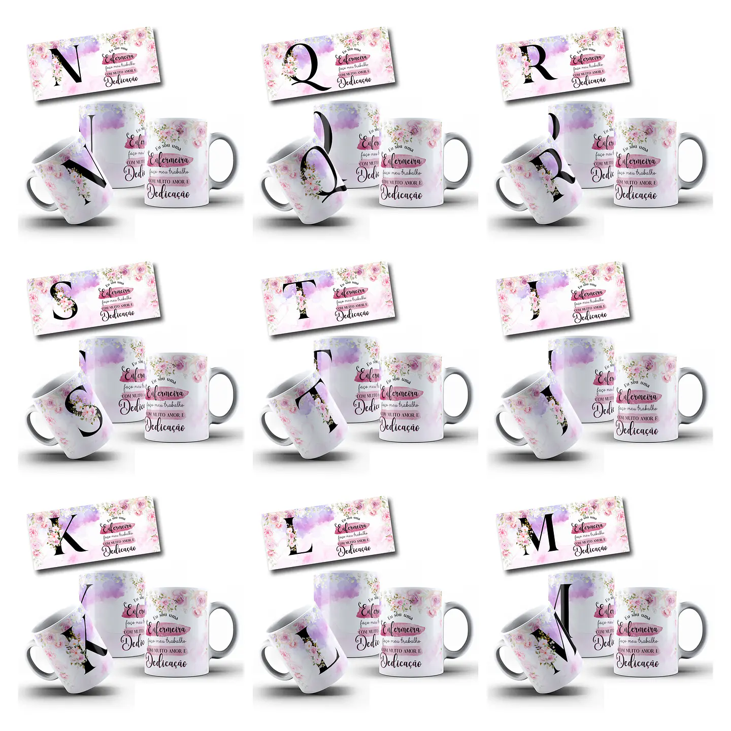 26 Artes para Caneca Alfabeto Floral Enfermeira Arquivo Editável  1