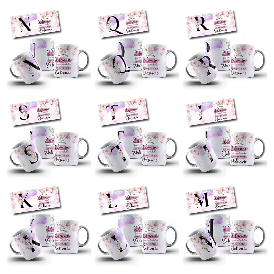 26 Artes para Caneca Alfabeto Floral Enfermeira Arquivo Editável  1
