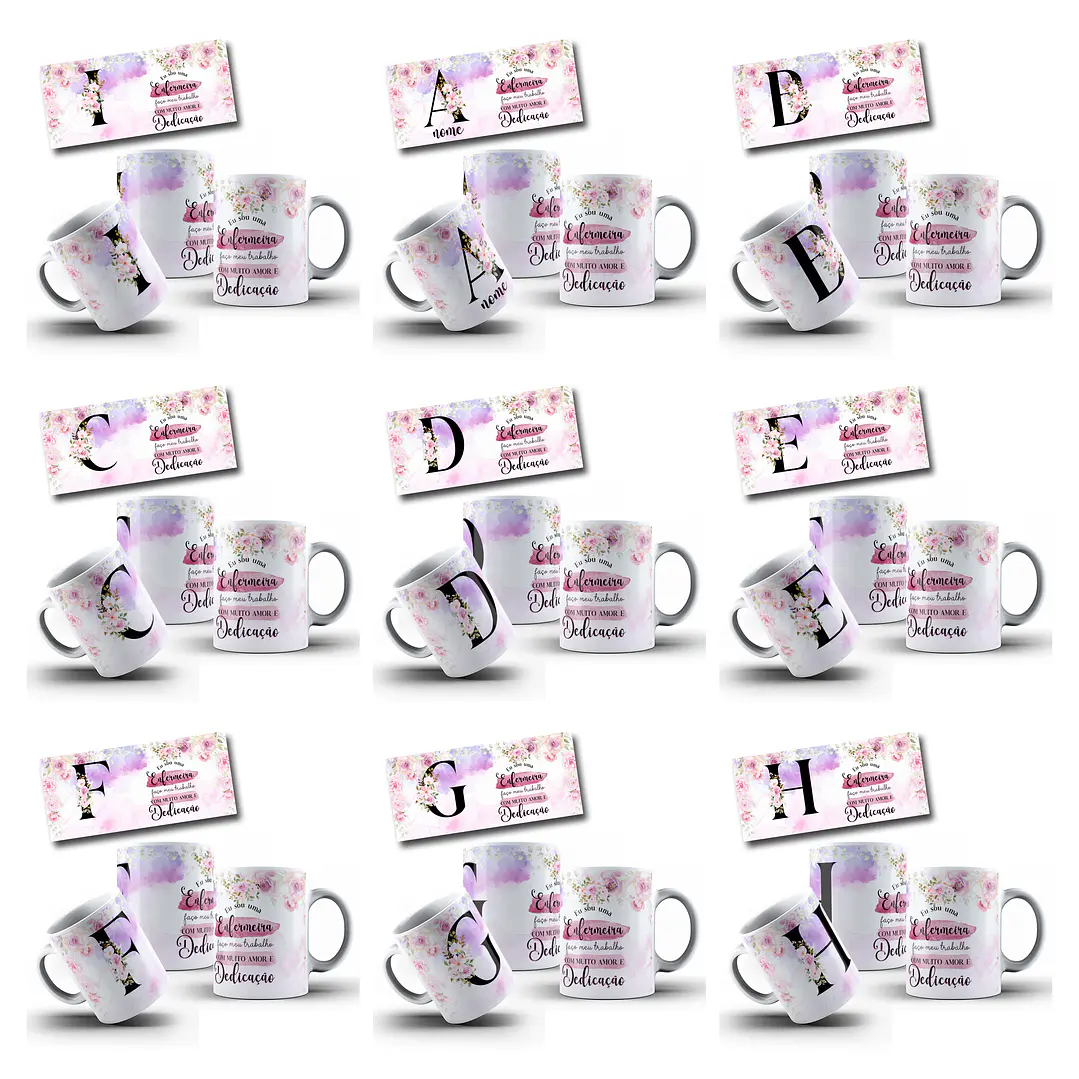 26 Artes para Caneca Alfabeto Floral Enfermeira Arquivo Editável  2