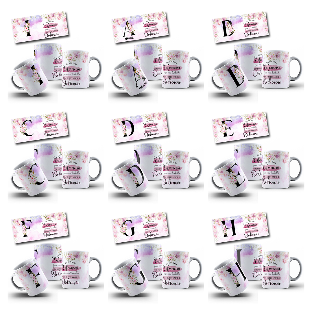 26 Artes para Caneca Alfabeto Floral Enfermeira Arquivo Editável  2