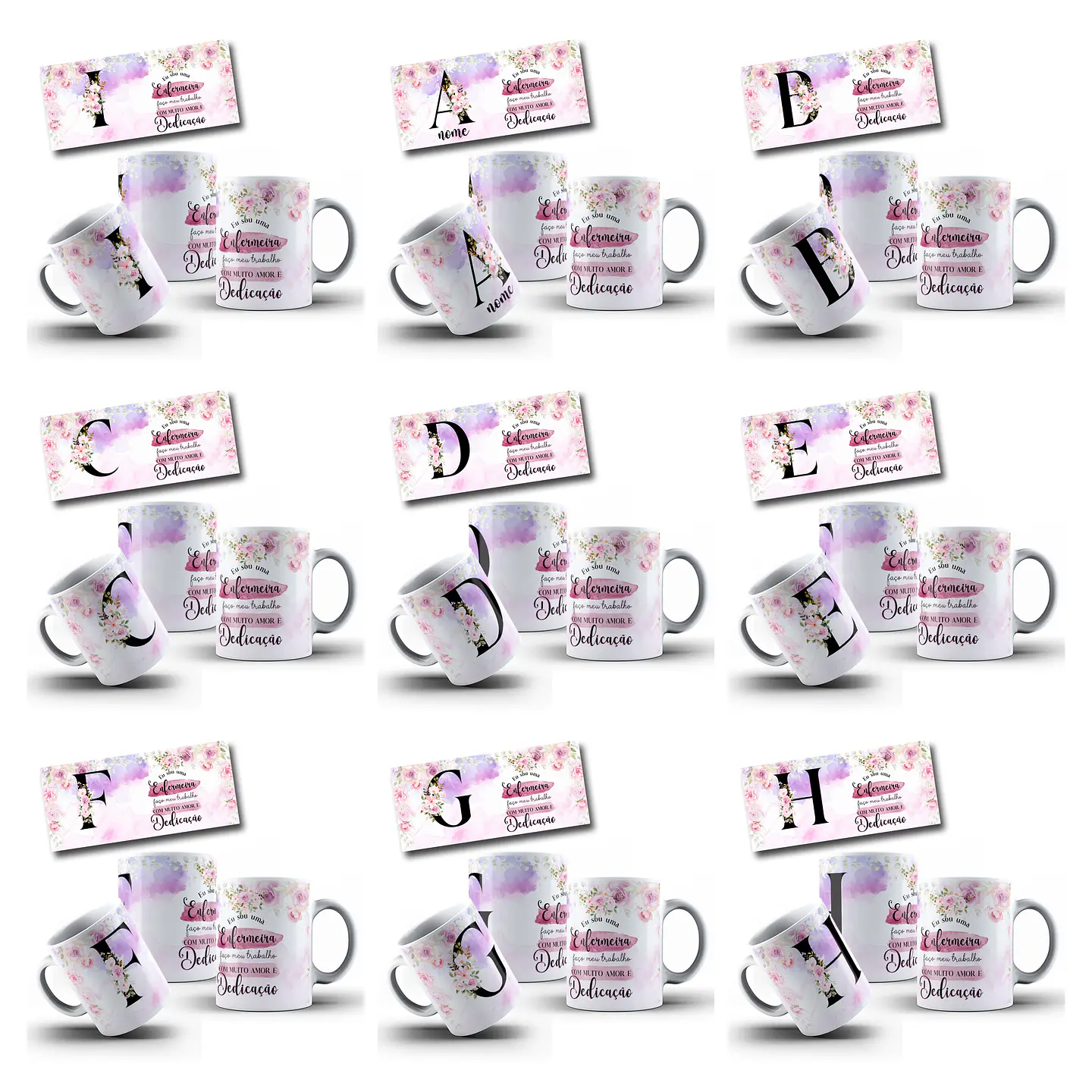 26 Artes para Caneca Alfabeto Floral Enfermeira Arquivo Editável  2