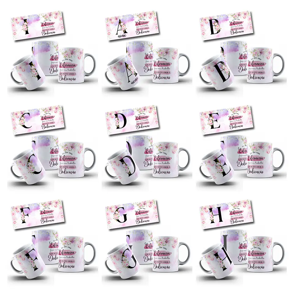 26 Artes para Caneca Alfabeto Floral Enfermeira Arquivo Editável  2