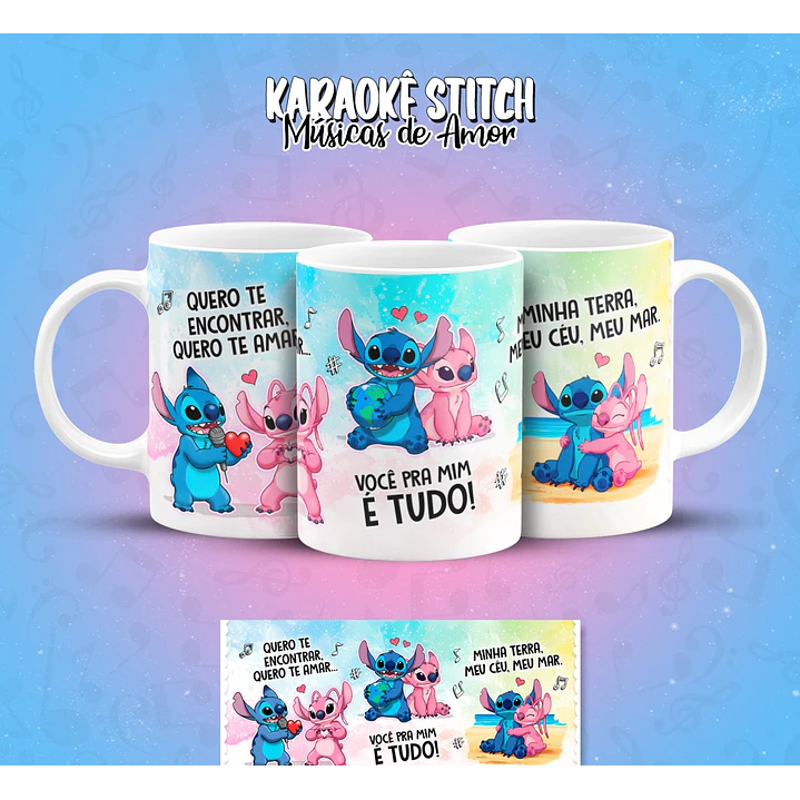 11 Artes para Caneca Karaokê Stitch Músicas de Amor Arquivo em Png  1