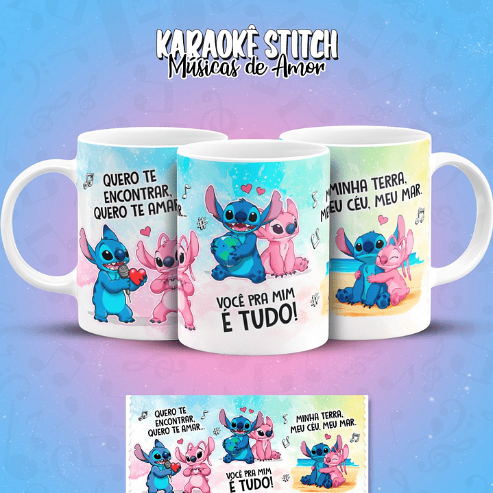 11 Artes para Caneca Karaokê Stitch Músicas de Amor Arquivo em Png  1
