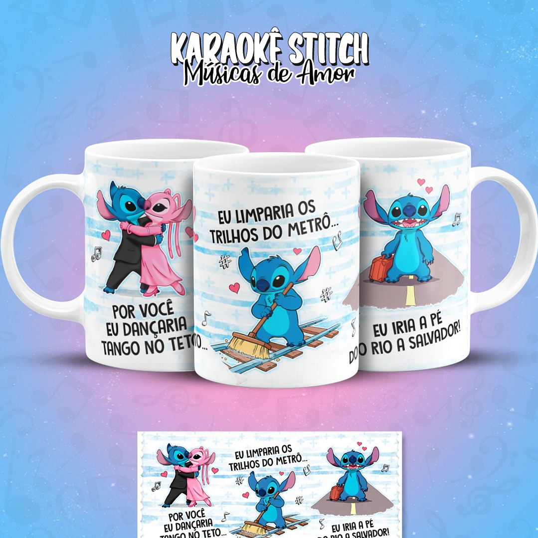 11 Artes para Caneca Karaokê Stitch Músicas de Amor Arquivo em Png  3