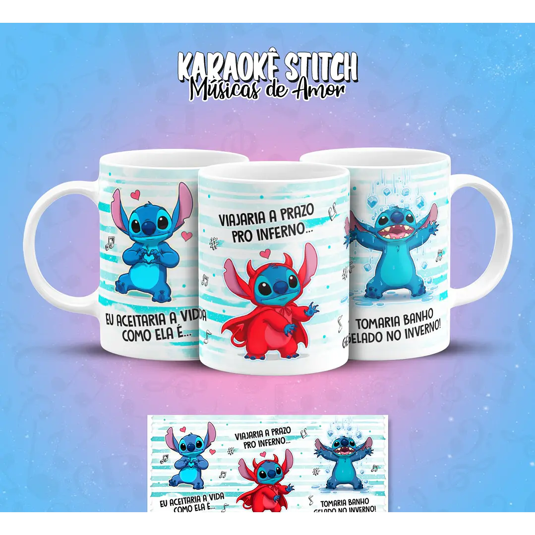 11 Artes para Caneca Karaokê Stitch Músicas de Amor Arquivo em Png  4