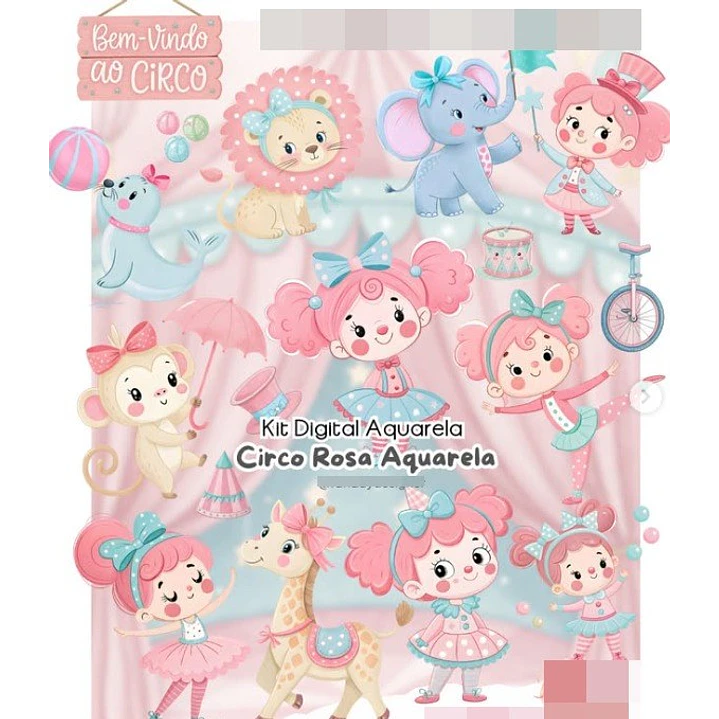 Kit Digital Circo Rosa Aquarela Arquivo em Png  1
